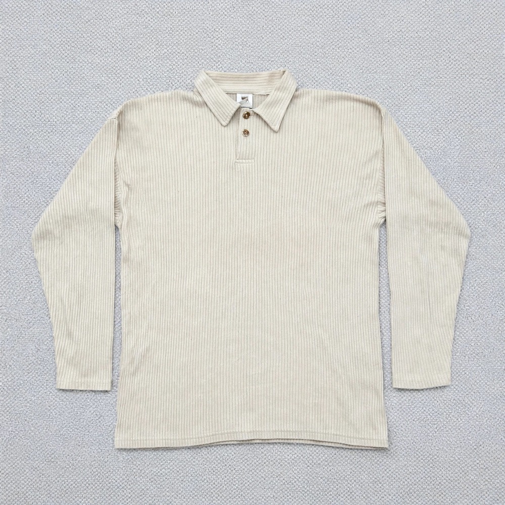 Vintage 90s Bugle Boy Ribbed Corduroy Long Sleeve Polo Shirt Beige Men's L/XL